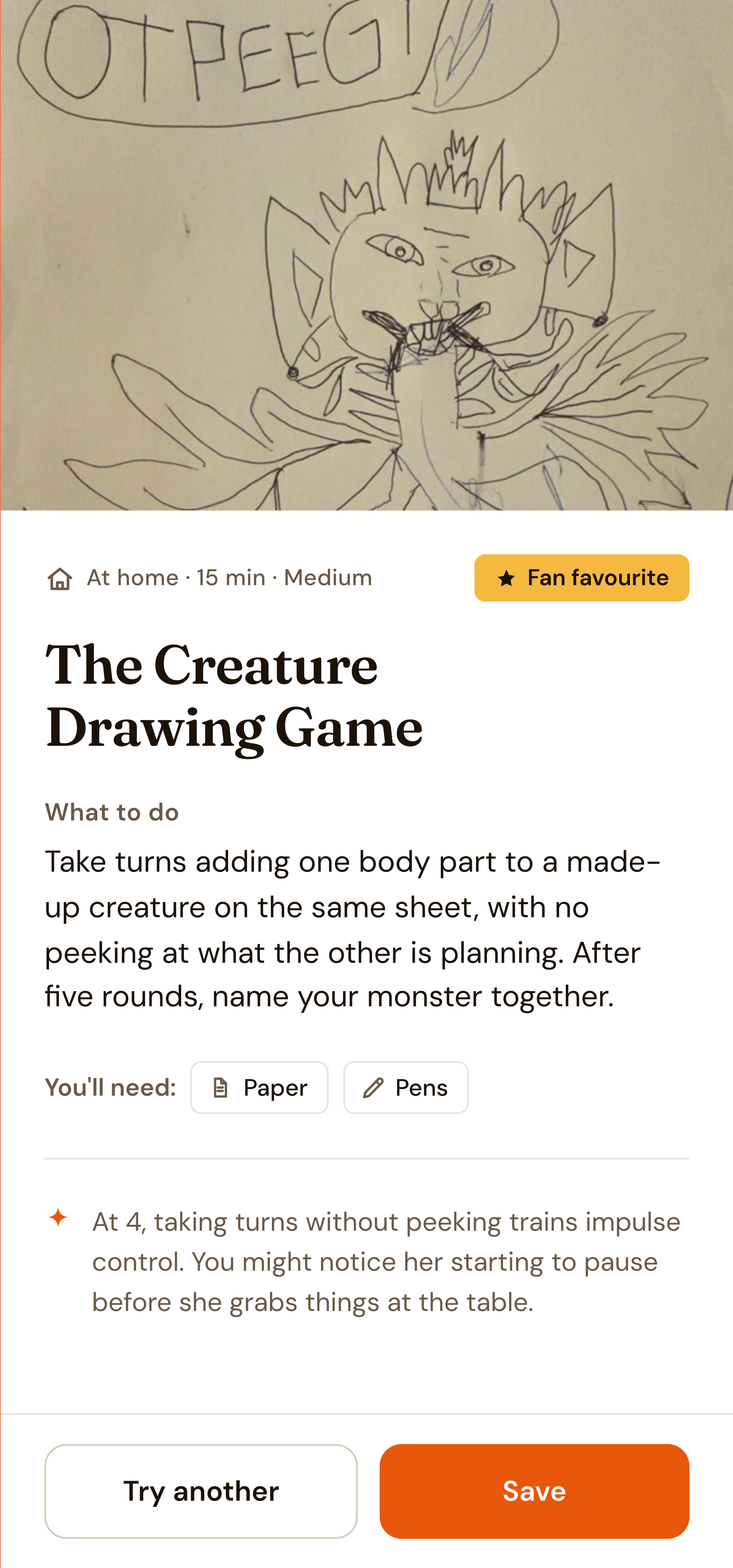 The activity card showing The Creature Drawing Game