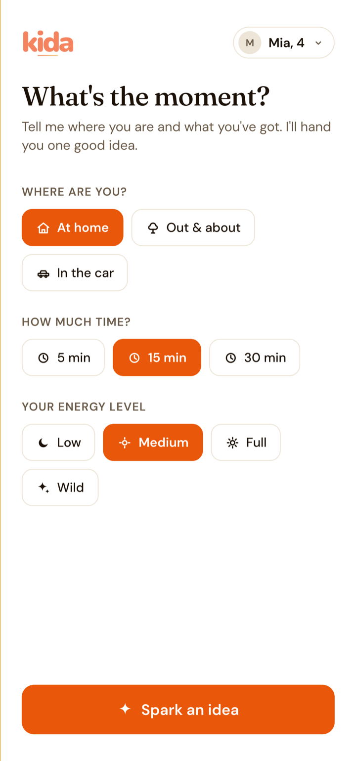 The home screen with location, time, and energy taps